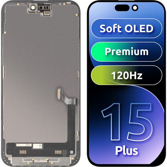 MP dotykový displej kompatibilný s Apple iPhone 15 Plus, s rámom, prémiová verzia Soft OLED FHD 120Hz, čierny