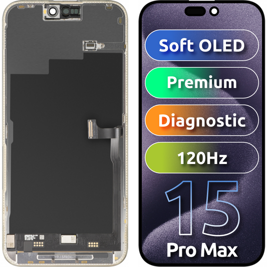 Displej s dotykovou obrazovkou MP kompatibilný s Apple iPhone 15 Pro Max, s rámom, prémiová verzia Soft OLED FHD 120Hz diagnostický, čierny