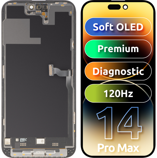 Displej s dotykovou obrazovkou MP kompatibilný s Apple iPhone 14 Pro Max, s rámom, prémiová verzia Soft OLED FHD 120Hz diagnostický, čierny