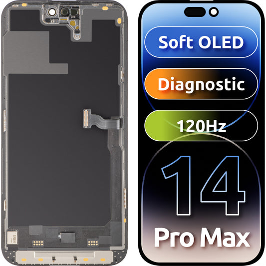 Displej s dotykovou obrazovkou MP kompatibilný s Apple iPhone 14 Pro Max, s rámom, verzia Soft OLED 120Hz FHD Diagnostic, čierna