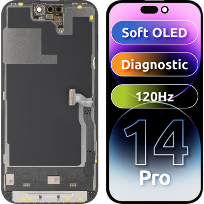 Displej s dotykovou obrazovkou MP kompatibilný s Apple iPhone 14 Pro, s rámom, verzia Soft OLED 120Hz FHD Diagnostic, čierna