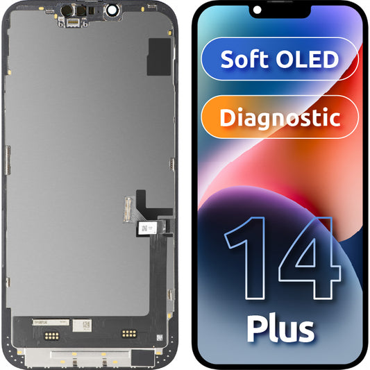 Displej s dotykovou obrazovkou MP kompatibilný s Apple iPhone 14 Plus, s rámom, verzia Soft OLED FHD Diagnostic, čierna