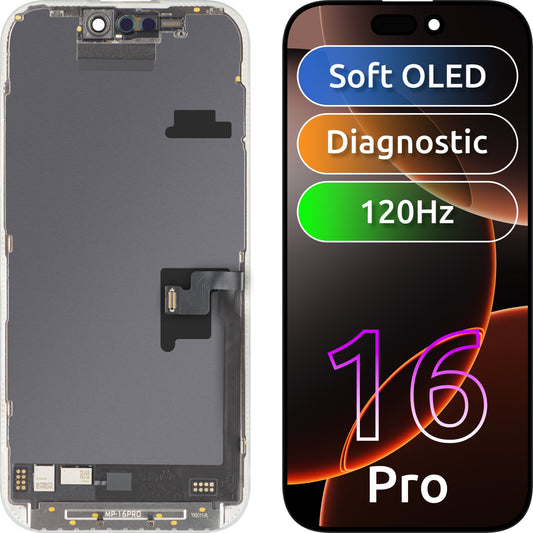 MP dotykový displej kompatibilný s Apple iPhone 16 Pro, s rámom, softvérová verzia OLED FHD 120Hz diagnostika, čierny