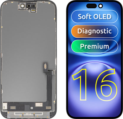 MP dotykový displej kompatibilný s Apple iPhone 16, s rámom, prémiová verzia Soft OLED FHD diagnostický, čierny