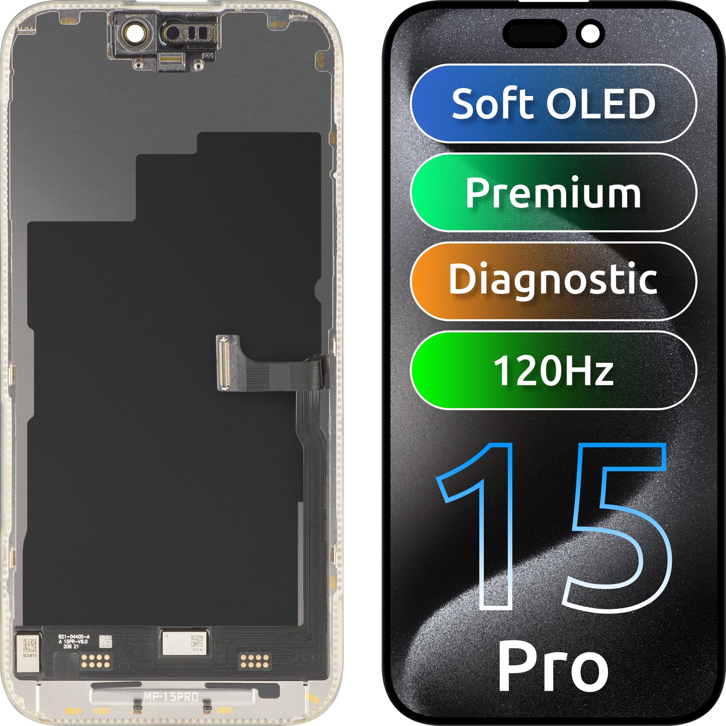 Displej s dotykovou obrazovkou MP kompatibilný s Apple iPhone 15 Pro, s rámom, prémiová verzia Soft OLED FHD 120Hz diagnostická, čierna