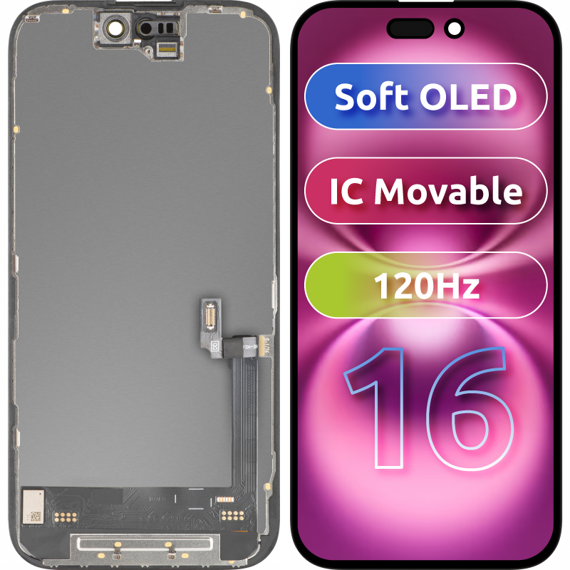 Displej s dotykovou obrazovkou MP kompatibilný s Apple iPhone 16, s rámom, verzia Soft OLED FHD 120Hz IC Movable, čierna