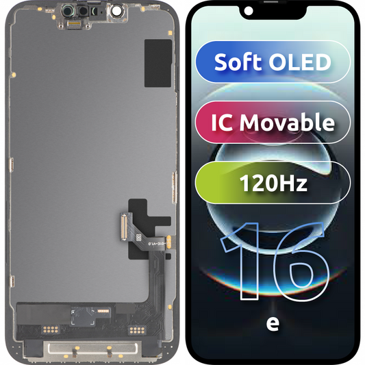 Displej s dotykovou obrazovkou MP kompatibilný s Apple iPhone 17e / 16e, s rámom, verzia Soft OLED FHD 120Hz IC Movable, čierny