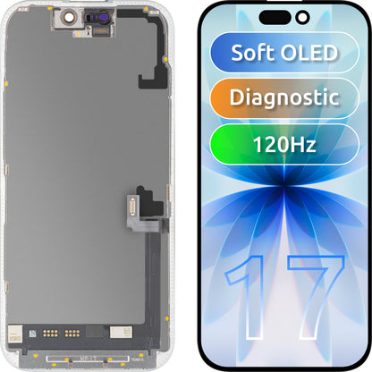 Displej s dotykovou obrazovkou MP kompatibilný s Apple iPhone 17, s rámom, softvérová verzia OLED FHD 120Hz diagnostika, čierny