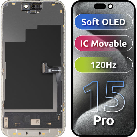 Displej s dotykovou obrazovkou MP kompatibilný s Apple iPhone 15 Pro, s rámom, verzia Soft OLED IC Movable 120Hz FHD, čierna