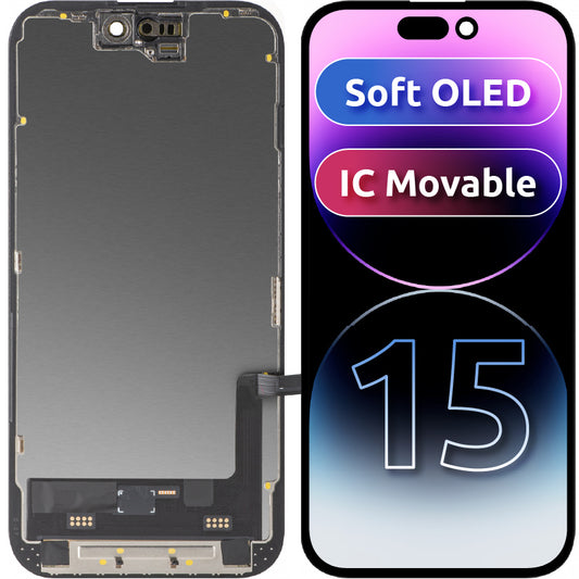Displej s dotykovou obrazovkou MP kompatibilný s Apple iPhone 15, s rámom, verzia Soft OLED FHD IC Movable, čierna