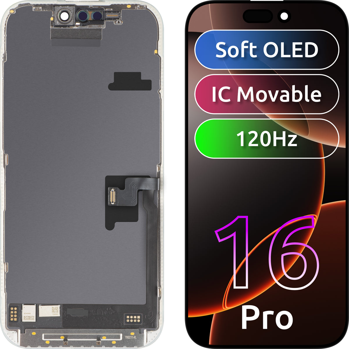 Displej s dotykovou obrazovkou MP kompatibilný s Apple iPhone 16 Pro, s rámom, verzia Soft OLED FHD 120Hz IC Movable, čierna