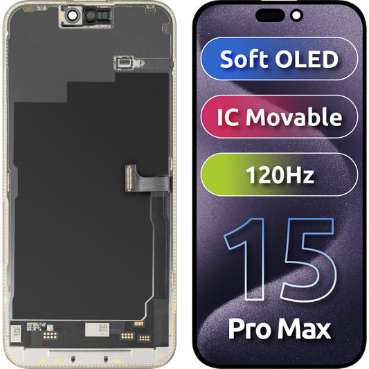 Displej s dotykovou obrazovkou MP kompatibilný s Apple iPhone 15 Pro Max, s rámom, verzia Soft OLED IC Movable 120Hz FHD, čierna