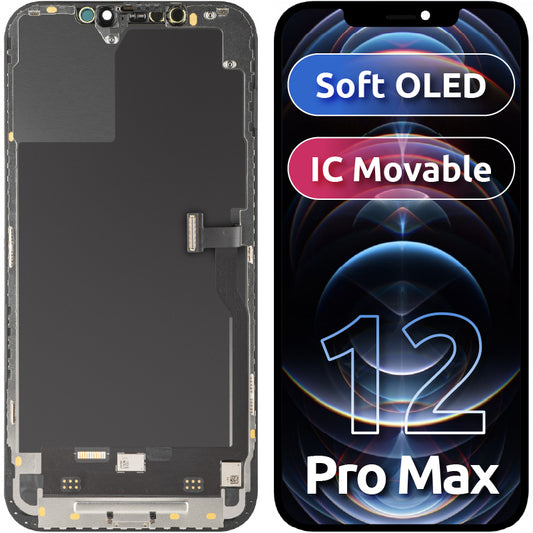 Displej s dotykovou obrazovkou MP kompatibilný s Apple iPhone 12 Pro Max, s rámom, verzia Soft OLED IC Movable FHD, čierna