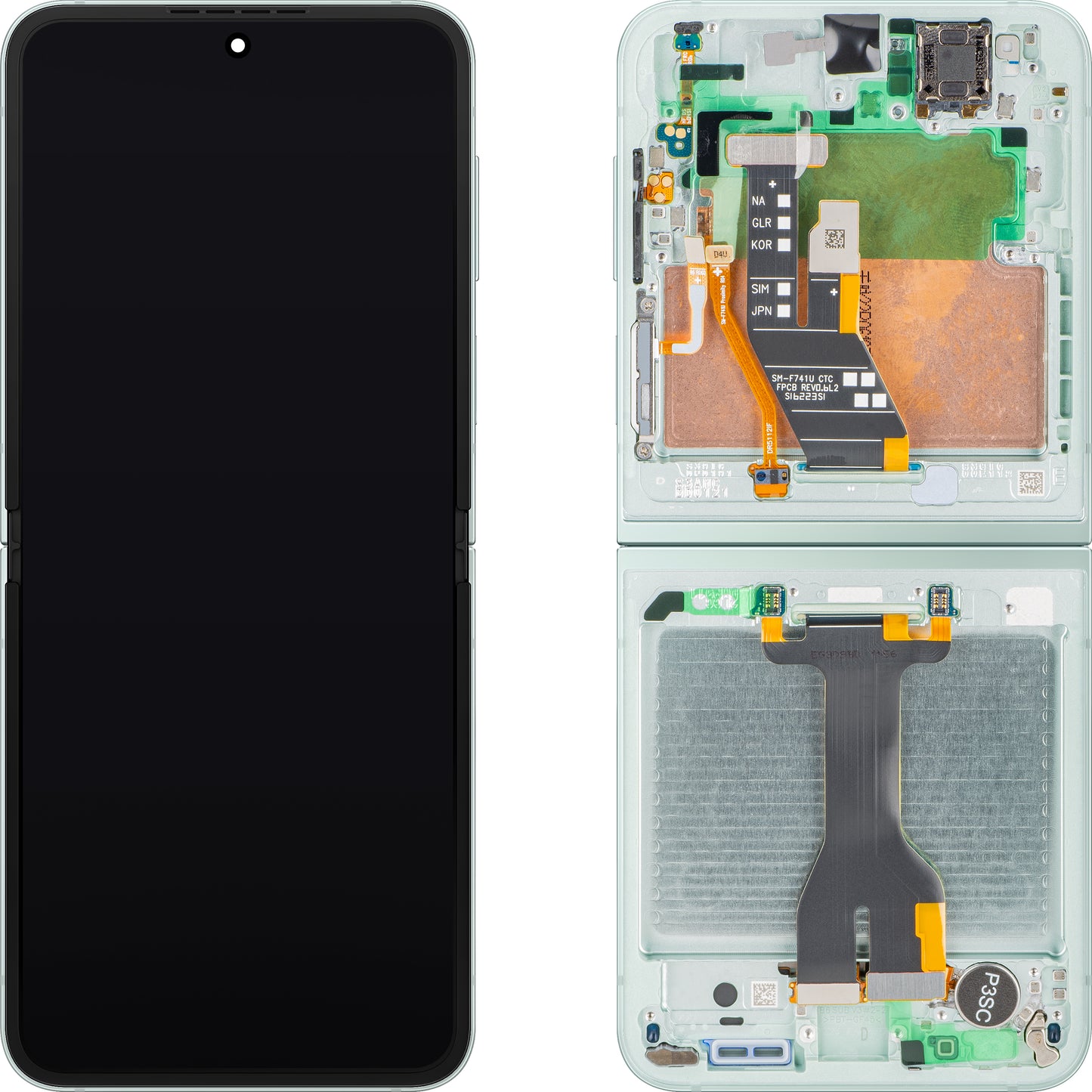 Displej s dotykovou obrazovkou Samsung Galaxy Z Flip6 F741, s rámom, Sub Inner, zelená (Mint), Service Pack GH82-35014D