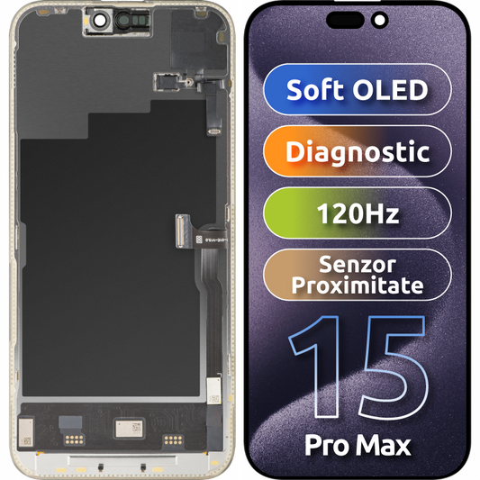 Displej s dotykovou obrazovkou a snímačom priblíženia MP kompatibilný s Apple iPhone 15 Pro Max, s rámom, softvérová verzia OLED FHD 120Hz diagnostika, čierny