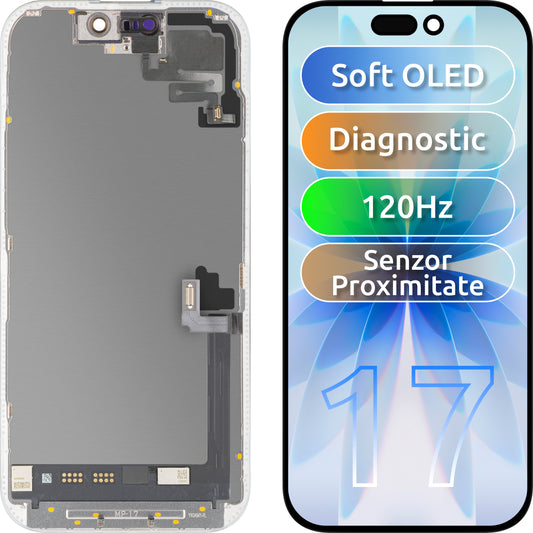 Displej s dotykovou obrazovkou a snímačom priblíženia MP kompatibilný s Apple iPhone 17, s rámom, softvérová verzia OLED FHD 120Hz diagnostická, čierna