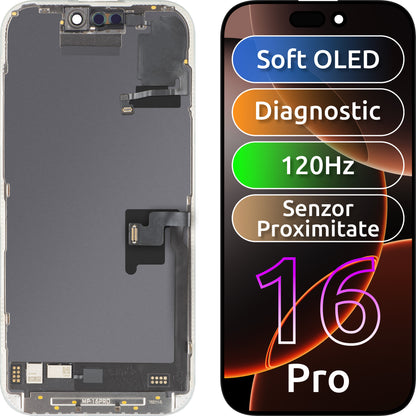 Displej s dotykovou obrazovkou a svetelným proximálnym senzorom MP kompatibilný s Apple iPhone 16 Pro, s rámom, softvérová verzia OLED FHD 120Hz diagnostika, čierny