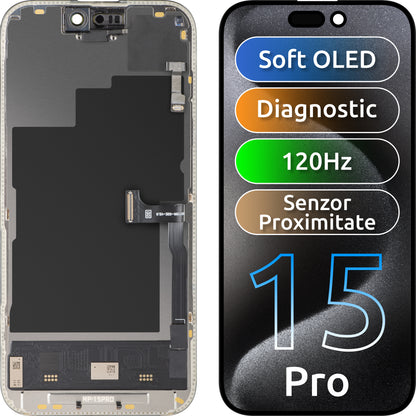 Displej s dotykovou obrazovkou a snímačom priblíženia MP kompatibilný s Apple iPhone 15 Pro, s rámom, softvérová verzia OLED FHD 120Hz diagnostika, čierna
