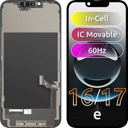Displej so dotykovou obrazovkou ZY pre Apple iPhone 17e / 16e, s rámom, verzia LCD In-Cell IC pohyblivá, čierna