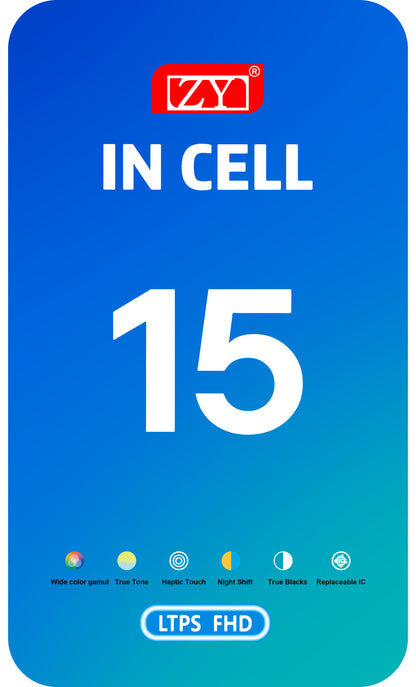 ZY dotykový displej pre Apple iPhone 15, s rámom, verzia s pohyblivým LCD displejom v bunke IC, čierny 