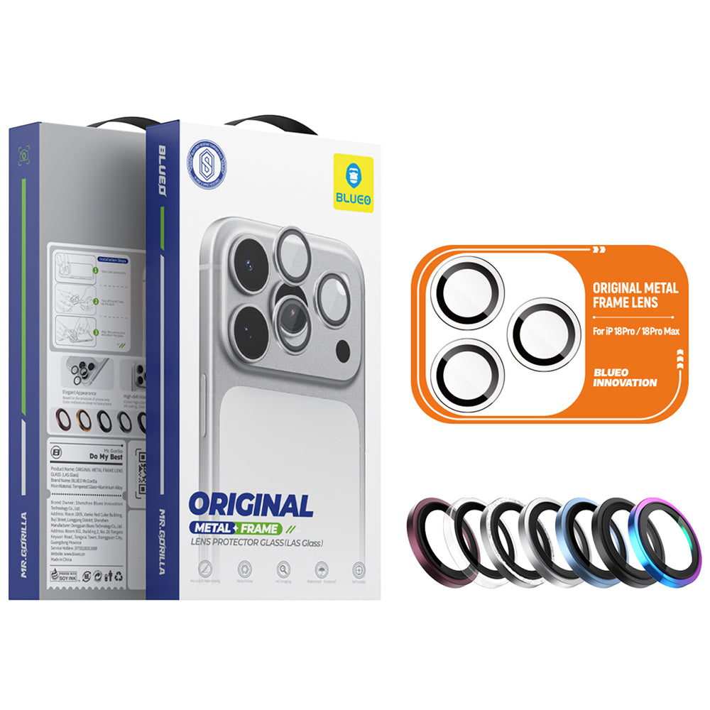 Ochranná fólia na zadný fotoaparát Blueo Metal Frame pre Apple iPhone 18 Pro / 18 Pro Max, tvrdené sklo, priehľadná
