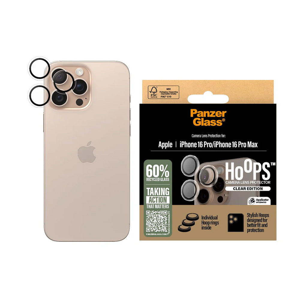 Ochranná fólia na zadnú kameru PanzerGlass Hoops pre Apple iPhone 16 Pro Max / 16 Pro, Kalené sklo, Priehľadné
