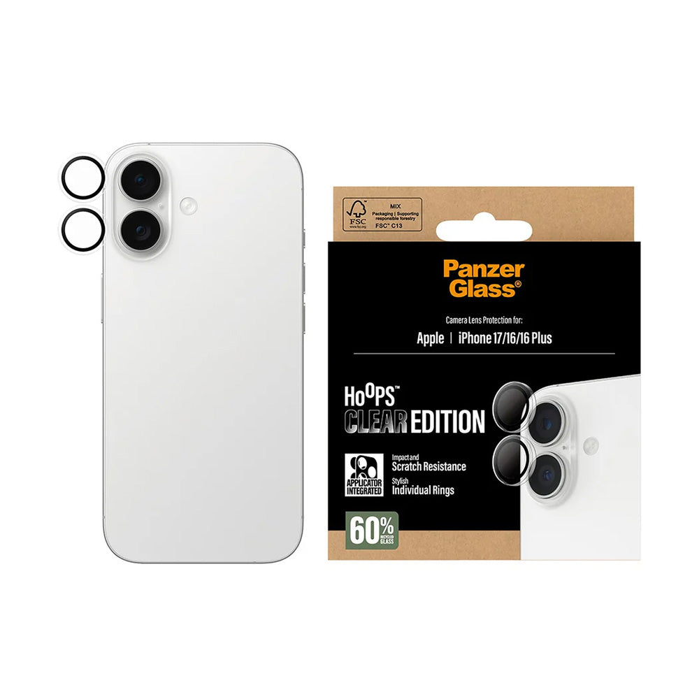 Ochranná fólia PanzerGlass Hoops na zadnú kameru pre Apple iPhone 17 / 16 Plus / 16, Kalené sklo, Priehľadná