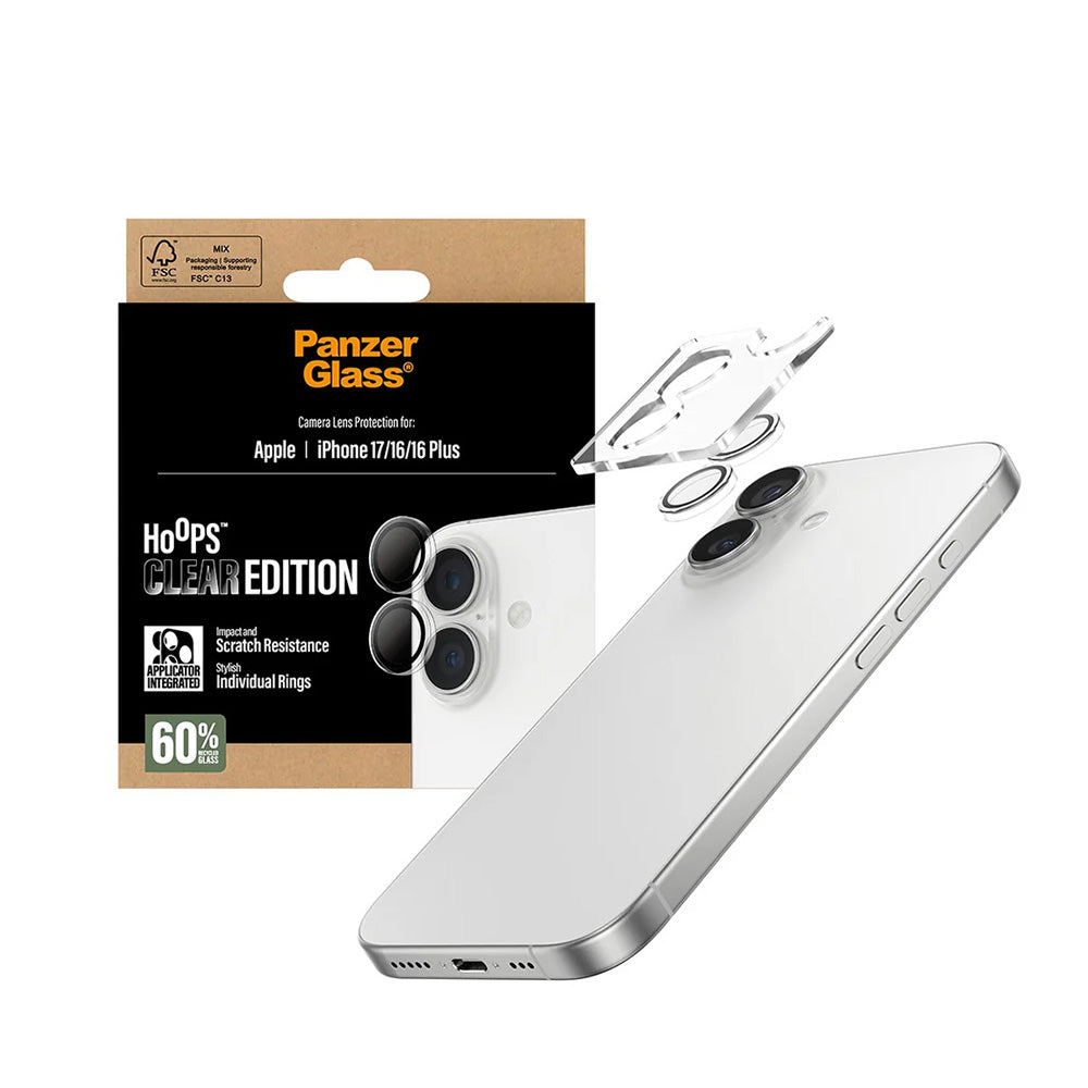 Ochranná fólia PanzerGlass Hoops na zadnú kameru pre Apple iPhone 17 / 16 Plus / 16, Kalené sklo, Priehľadná