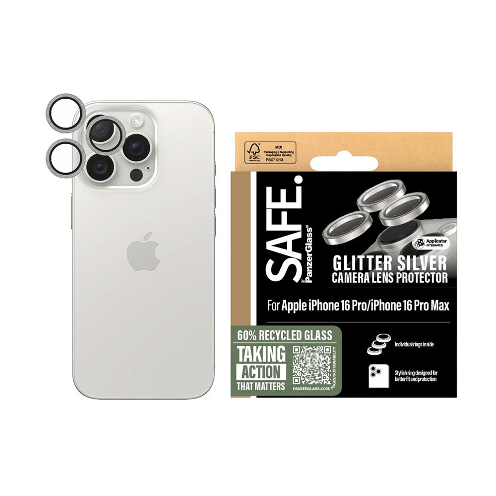 Ochranná fólia PanzerGlass Safe na zadnú kameru. Glitter pre Apple iPhone 16 Pro Max / 16 Pro, Tvrdené sklo, Strieborná.