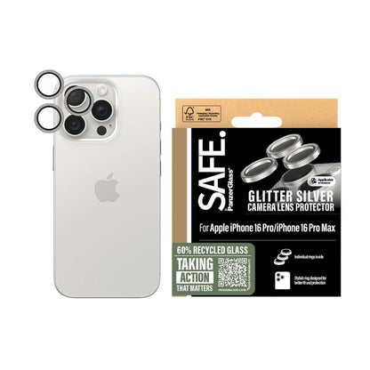 Ochranná fólia PanzerGlass Safe na zadnú kameru. Glitter pre Apple iPhone 16 Pro Max / 16 Pro, Tvrdené sklo, Strieborná.