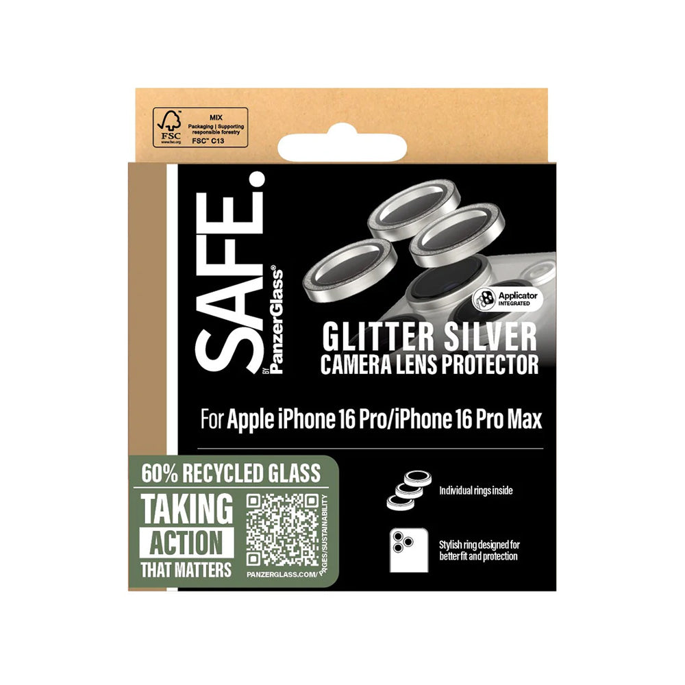 Ochranná fólia PanzerGlass Safe na zadnú kameru. Glitter pre Apple iPhone 16 Pro Max / 16 Pro, Tvrdené sklo, Strieborná.