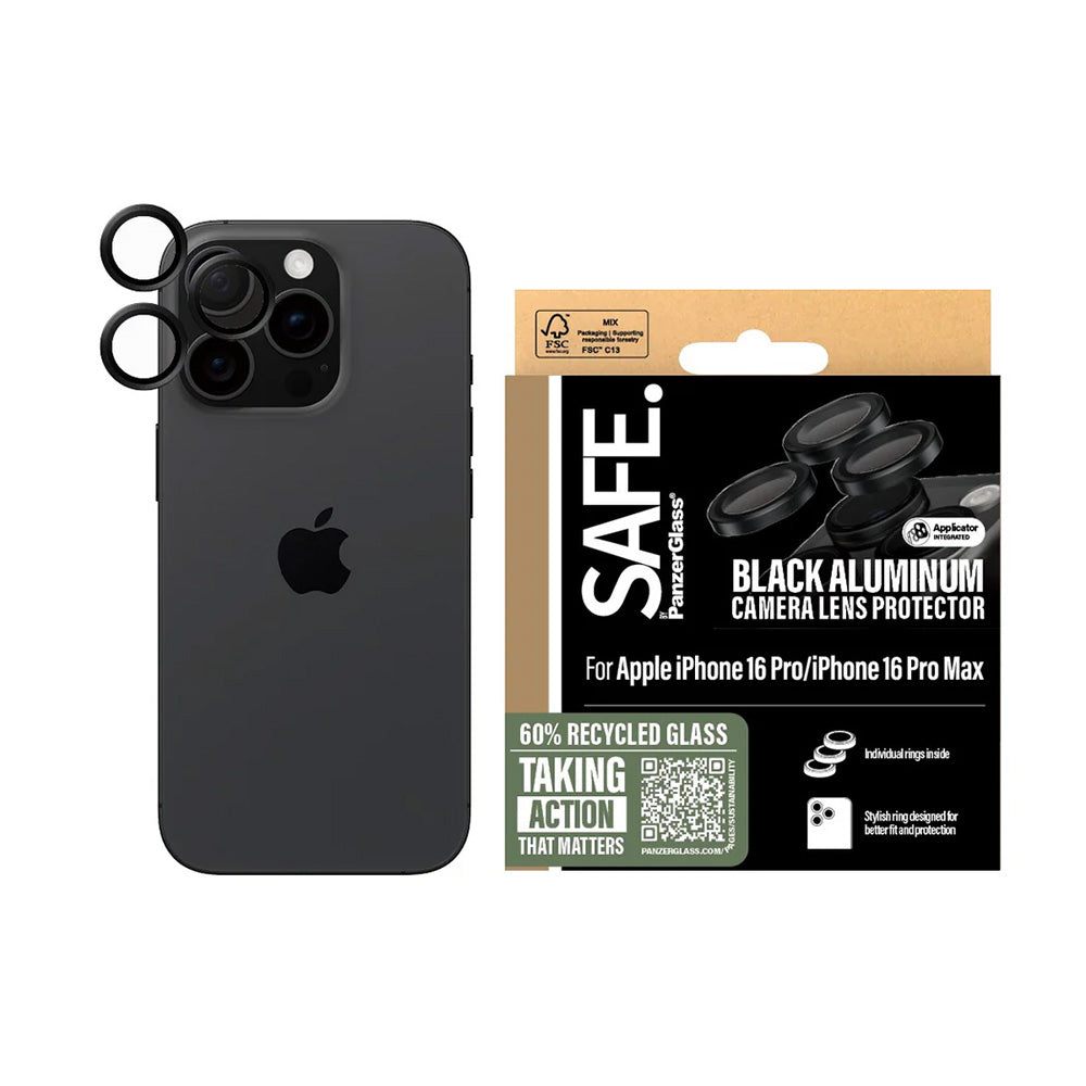 Ochranná fólia PanzerGlass Safe na zadnú kameru pre Apple iPhone 16 Pro Max / 16 Pro, Tvrdené sklo, Čierna