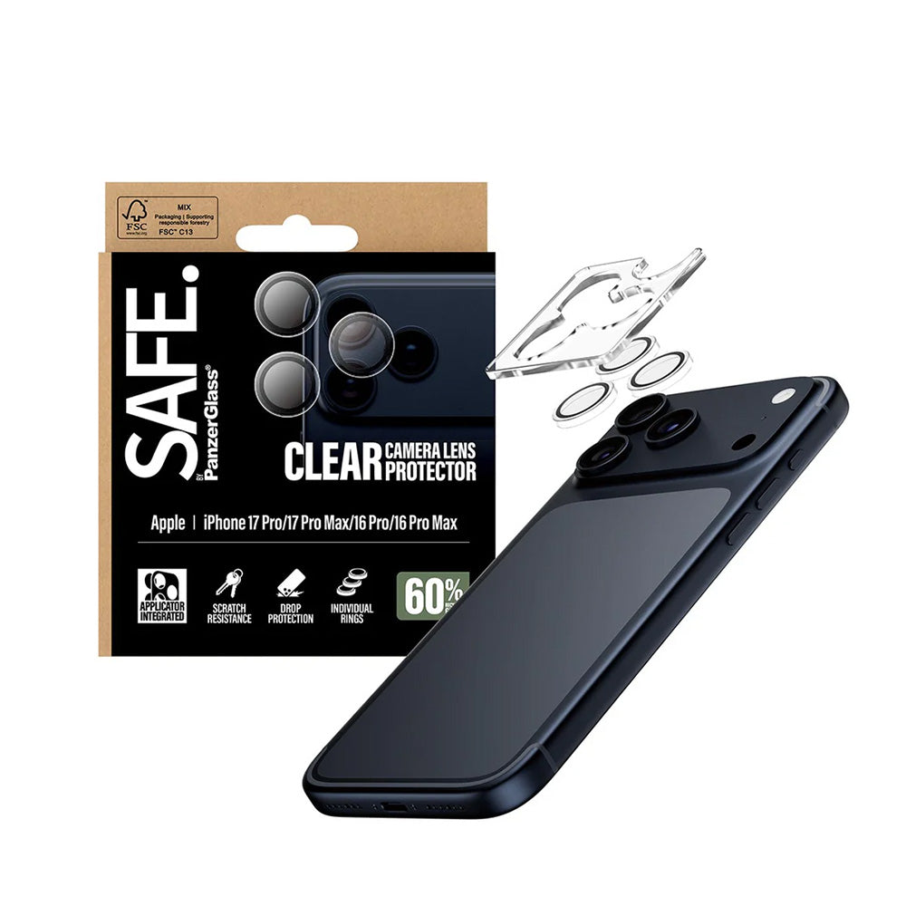 Ochranná fólia PanzerGlass Safe na zadnú kameru pre Apple iPhone 17 Pro Max / 17 Pro / 16 Pro Max / 16 Pro, Kalené sklo, Priehľadné