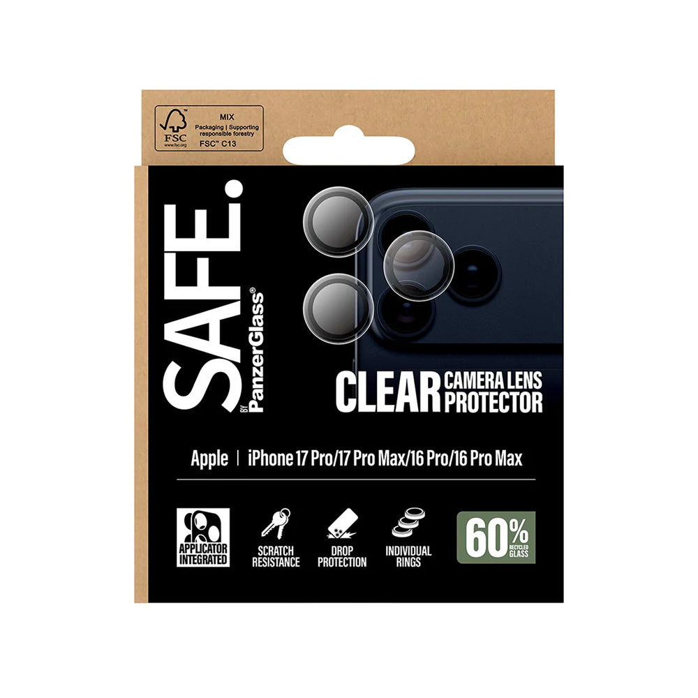 Ochranná fólia PanzerGlass Safe na zadnú kameru pre Apple iPhone 17 Pro Max / 17 Pro / 16 Pro Max / 16 Pro, Kalené sklo, Priehľadné