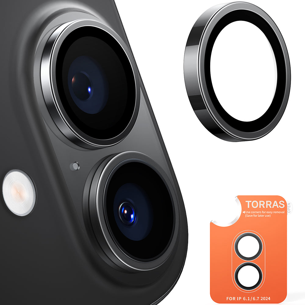 Ochranná fólia na zadnú kameru Torras Lensguard pre Apple iPhone 16 Plus / 16, Tvrdené sklo, Čierna