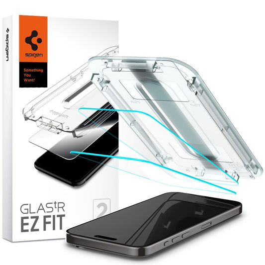Ochranná fólia na displej Spigen GlastR EZ FIT pre Apple iPhone 15 Pro Max, Tvrdené sklo, Full Glue, Sada 2 kusy AGL06872
