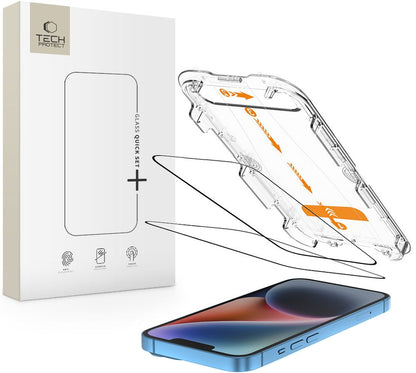 Ochranná fólia na displej Tech-Protect Quick Set+ pre Apple iPhone 17e / 16e / 14 / 13 Pro, Kalené sklo, Full Glue, Sada 2 kusy, Čierna