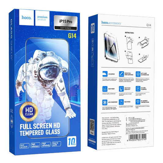 HOCO G14 Screen Protector for Apple iPhone 15 Pro, Tempered Glass, Full Glue, Set of 10 pieces, 5D, Black