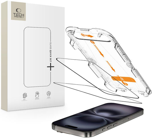 Ochranná fólia na displej Tech-Protect Quick Set+ pre Apple iPhone 16 / 15, Tvrdené sklo, Full Glue, Sada 2 kusy, Čierna