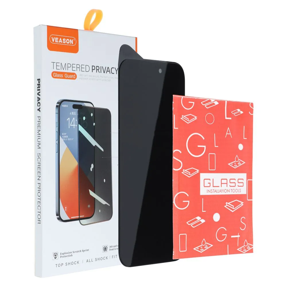 Ochranná fólia na displej Privacy Veason pre Apple iPhone 17e / 16e / 14 / 13 Pro, tvrdené sklo, celoplošné lepidlo, 6D