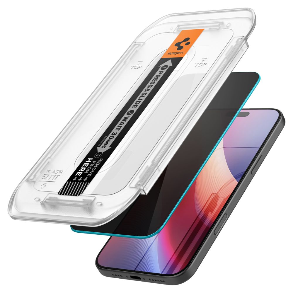 Ochranná fólia na displej Privacy Spigen GlastR EZ FIT pre Apple iPhone 17 Pro / 17 / 16 Pro, Kalené sklo, Full Glue, Sada 2 kusy AGL07929