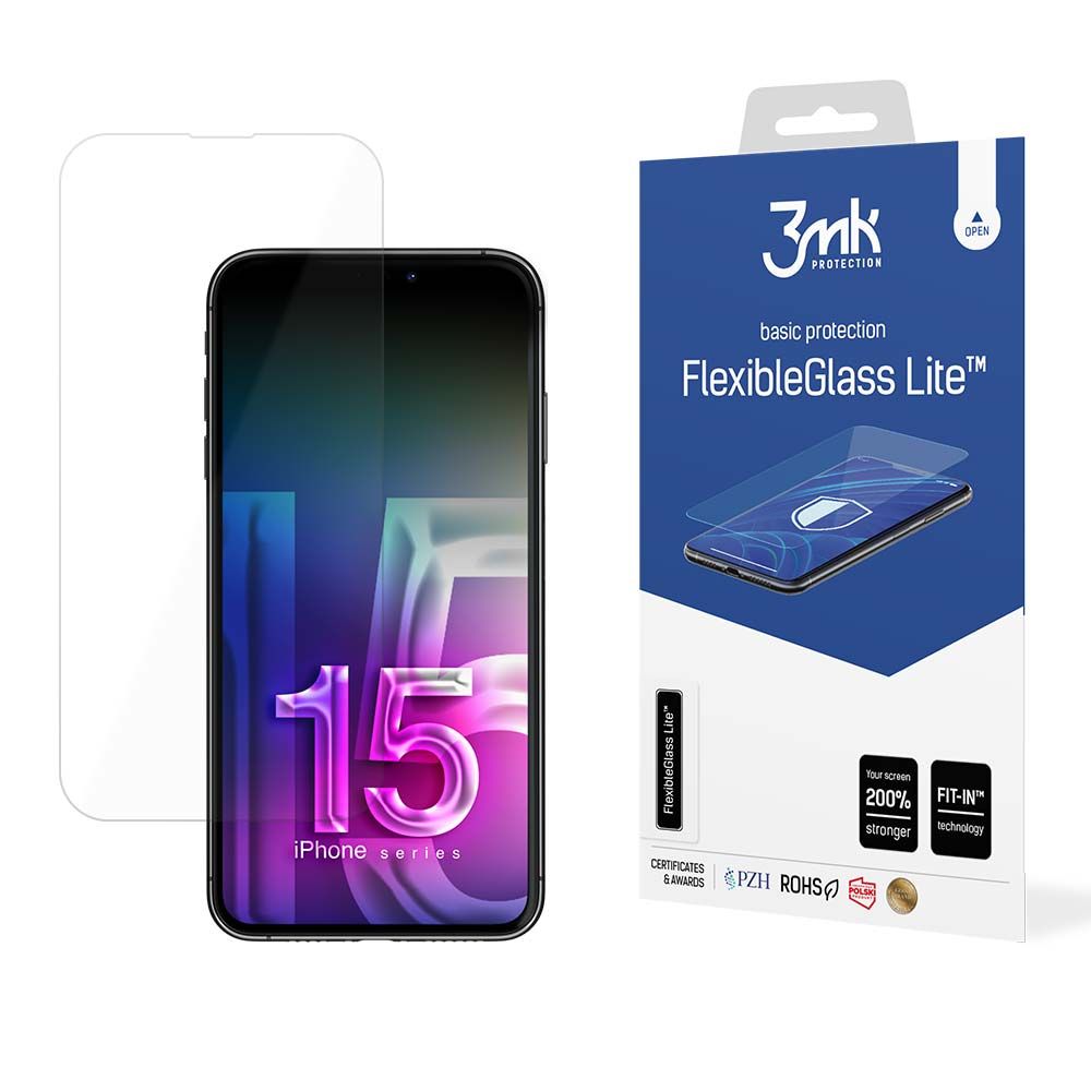 Ochranná fólia na displej 3MK FlexibleGlass Lite pre Apple iPhone 15, flexibilné sklo, plné lepidlo