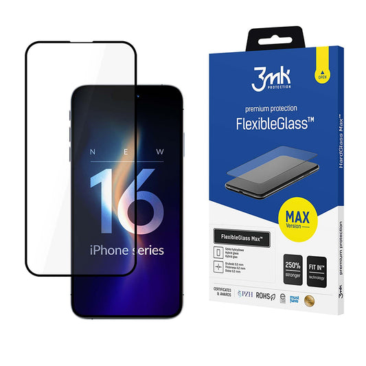 Ochranná fólia na displej 3MK FlexibleGlass Max pre Apple iPhone 16 Pro, flexibilné sklo, plné lepidlo, čierna