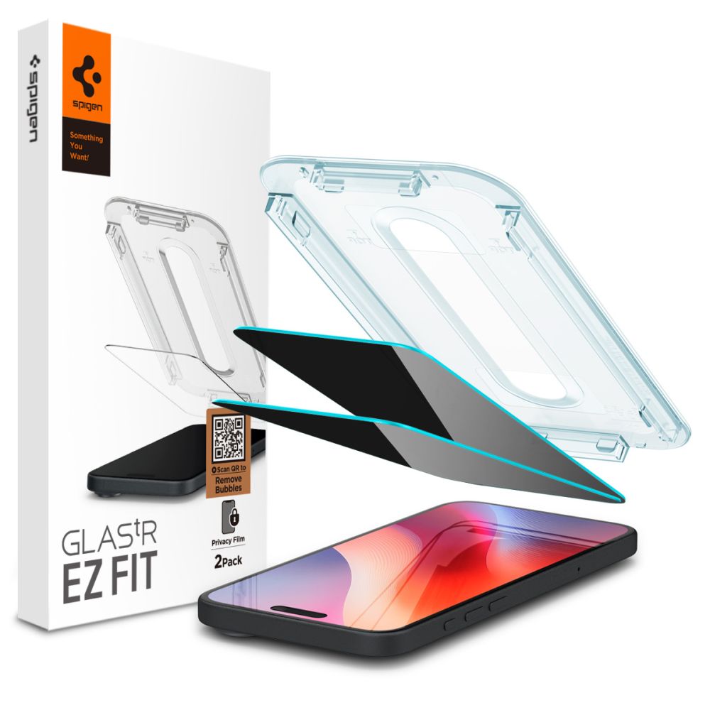 Ochranná fólia na displej Privacy Spigen GlastR EZ FIT pre Apple iPhone 17 Pro / 17 / 16 Pro, Kalené sklo, Full Glue, Sada 2 kusy AGL07929