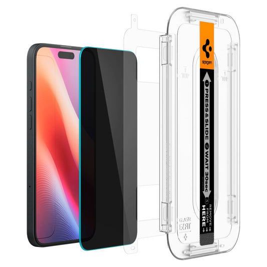 Ochranná fólia na displej Privacy Spigen GlastR EZ FIT pre Apple iPhone 16 / 15, Kalené sklo, Full Glue, Sada 2 kusy AGL06905