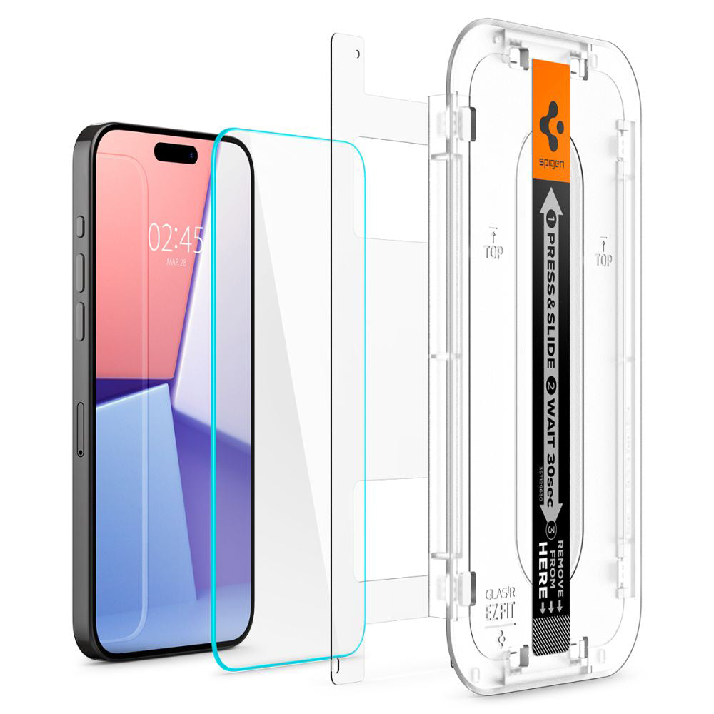 Ochranná fólia na displej Spigen GlastR EZ FIT pre Apple iPhone 15 Pro, tvrdené sklo, plné lepidlo, sada 2 kusy AGL06892