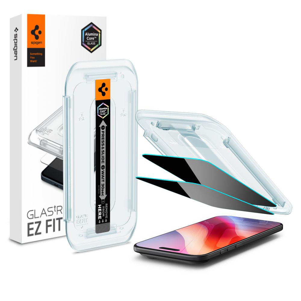 Ochranná fólia na displej Privacy Spigen GlastR EZ FIT pre Apple iPhone 17 Air, Kalené sklo, Full Glue, Sada 2 kusy