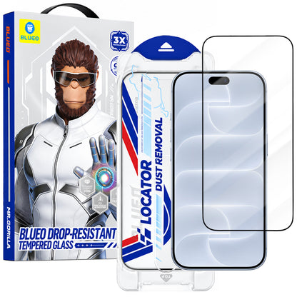 Ochranné sklo na displej Blueo Drop Resistant Applicator Pro pre Apple iPhone 18 Pro / 17 Pro / 17 / 16 Pro, tvrdené sklo, celoplošné lepenie, čierne