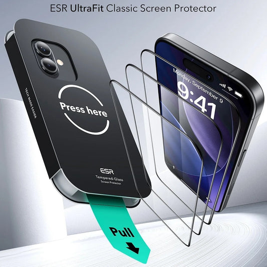 Ochranná fólia ESR UltraFit na displej pre Apple iPhone 17 / 16 Pro, Kalené sklo, Full Glue, Sada 3 kusy