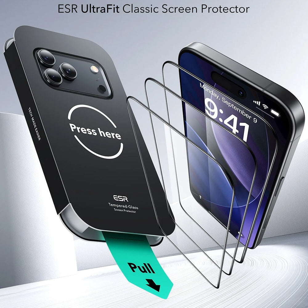 Ochranná fólia na displej ESR UltraFit pre Apple iPhone 18 Pro / 17 Pro, tvrdené sklo, plné lepidlo, sada 3 kusov, čierna